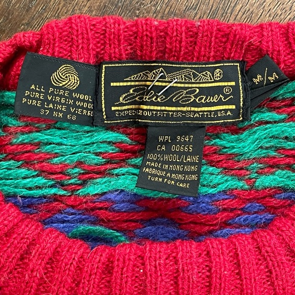 Vintage Eddie Bauer Sweater Size Medium Red Legend Nordic 100% Wool Fair Isle - Picture 3 of 8